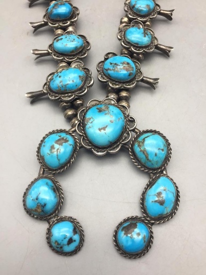 Vintage Sterling Silver and Turquoise Squash Blossom Necklace