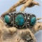 Heavy, Mid-Century, Vintage Three Stone Turquoise and Sterling Silver Bracelet