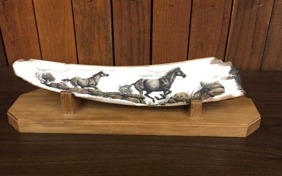 Beautiful Scrimshaw Scene on Fossilized Ivory Depicting Horses