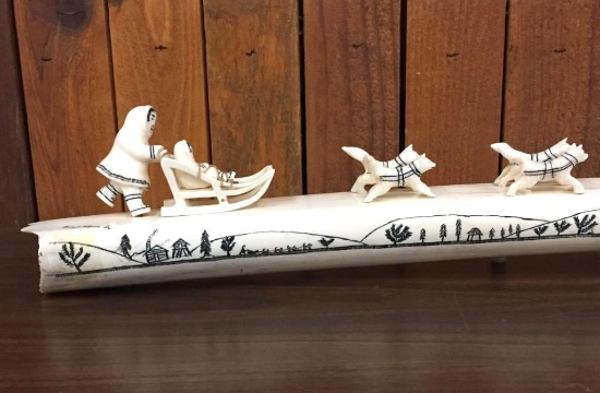 Large Alaskan Carved Walrus Ivory "Dog Sled" - Signed