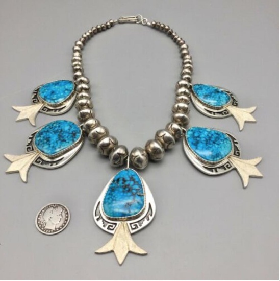 Spectacular, High-Grade, Spiderweb Kingman Turquoise and Sterling Necklace
