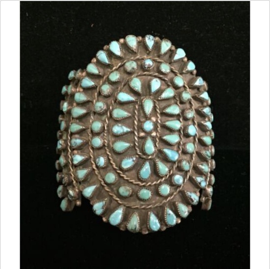 Vintage Turquoise and Sterling Silver Cluster Cuff Bracelet