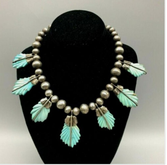 RARE! A Carved Turquoise Necklace Attributed to Leekya Deyuse