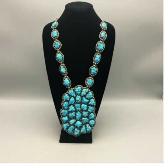 STATEMENT! A Stunning Carved Turquoise Necklace by Robert and Bernice Leekya