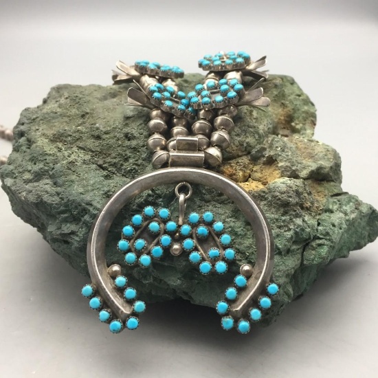 Unique Style 1930s Turquoise Squash Blossom Necklace