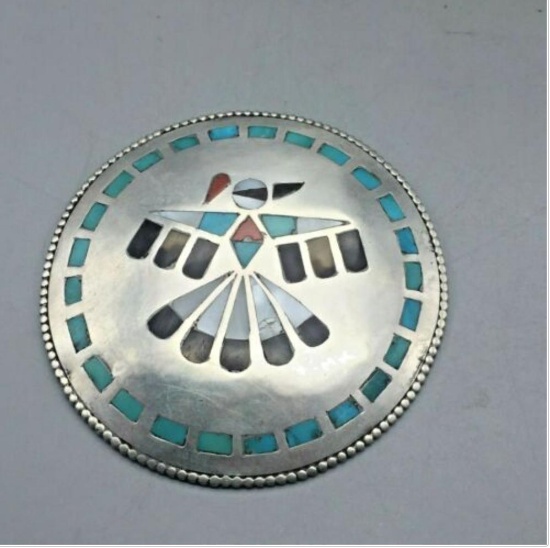 A Beautiful Vintage, Zuni Inlay Thunderbird Themed Pendant From Jewel Box Col.