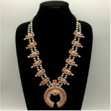 A Gorgeous Mediterranean Coral Cluster Style Vintage Squash Blossom Necklace