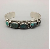 1930s Era, Five Stone, Vintage Turquoise & Sterling Silver (Ingot) Bracelet