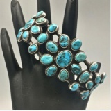 Great, Old, Vintage Turquoise & Sterling Silver Cluster Style Cuff Bracelet