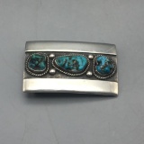 An Awesome Frank Patania Belt Buckle With 3 Turquoise Stones in Sterling Silver