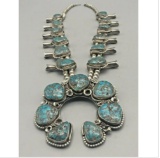 A Stunning, Large Morenci Turquoise Squash Blossom Necklace