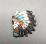 Vintage Figural Pin/Brooch Of A Chief's Profile, Attributed to Ralph Quam, Zuni