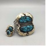 High-Grade Turquoise, Sterling Silver, & Gold, Cuff Bracelet and Ring Set