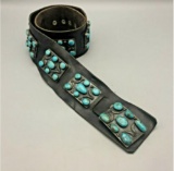 PHENOMENAL! A Black Leather Concho Belt With Gorgeous Turquoise Studded Conchos
