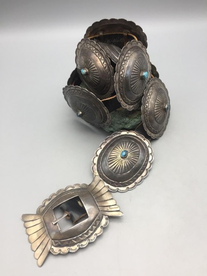 Vintage Bisbee Turquoise and Sterling Silver Concho Belt