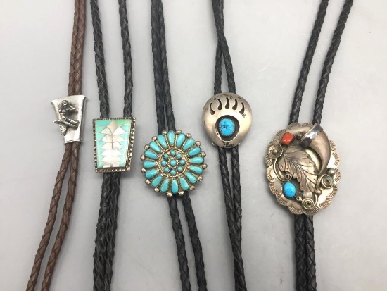 Group of Five Vintage Sterling Silver Bolo Ties