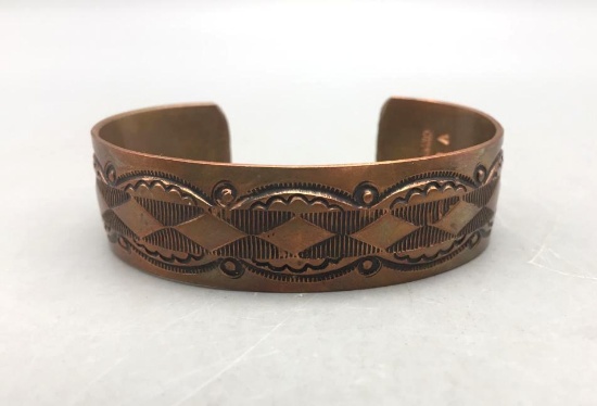 Beautifully Stamped Copper Bracelet- Signed