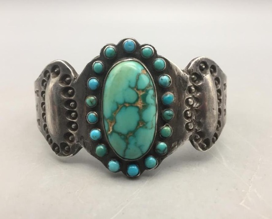 Great Sterling Silver and Turquoise Bracelet Circa 1920s