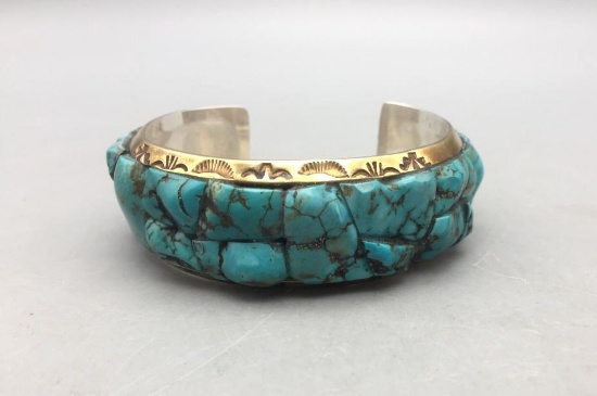 Unusual Sterling Silver, Gold Plate and Inlay Turquoise Bracelet