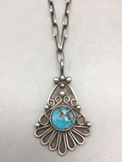 Vintage Sterling Silver and Turquoise Pendant on a Handmade Chain