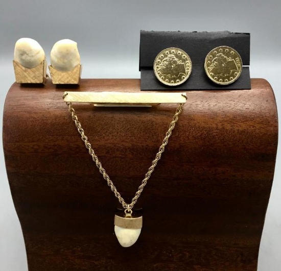 Elk Ivory and 14k Gold Cuff Links, Tie Bar and Gold Plated Liberty Nickel Cuff Links