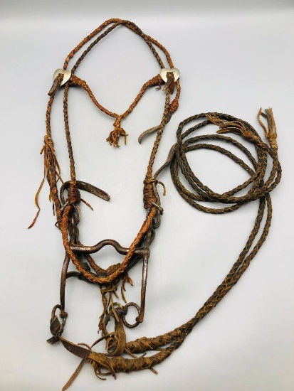 Hand Braided Leather Headstall, Reins with Military Bit