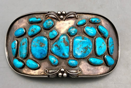 Large Turquoise and Sterling Silver Belt Buckle