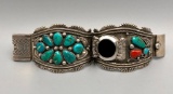 Vintage Turquoise Coral and Sterling Silver Watch Bracelet