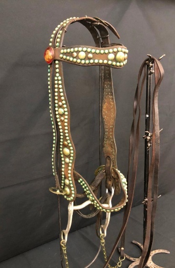 Old Spotted Leather Cowboy Bridle with Crockett Bit