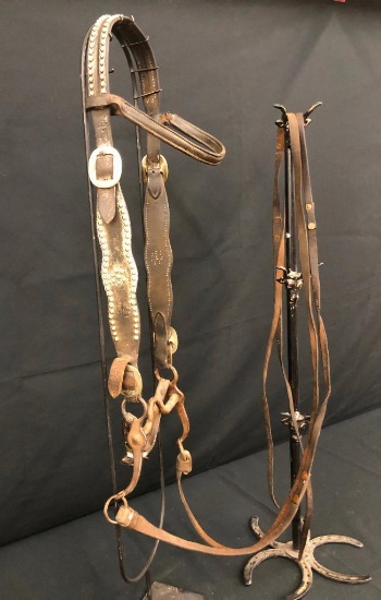 Old Spotted Leather Cowboy Headstall with Marked Bit