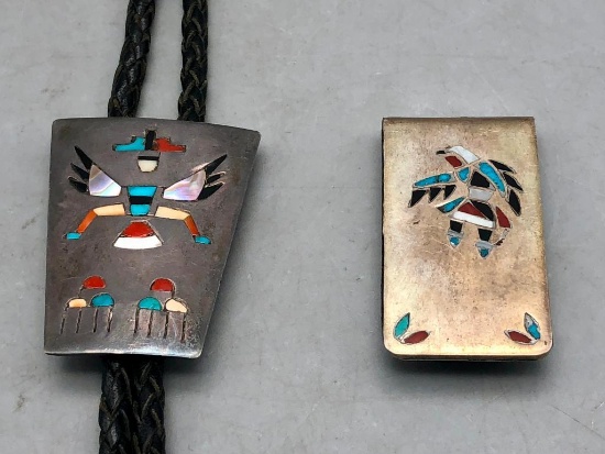 Vintage Zuni Inlay Bolo Tie and Money Clip