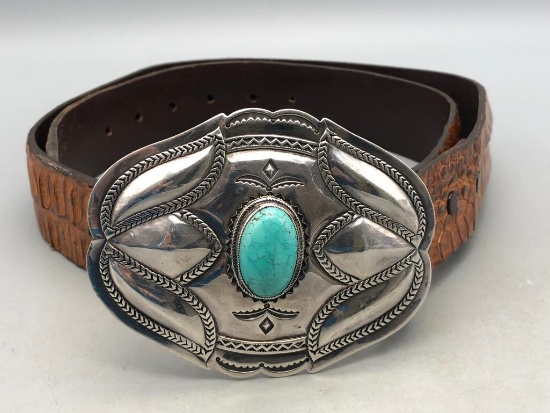 Sterling Silver and Turquoise Belt Buckle with Alligator Leather Belt