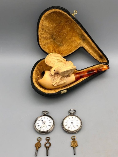 Two Victorian Era Pocket Watches and a Pipe