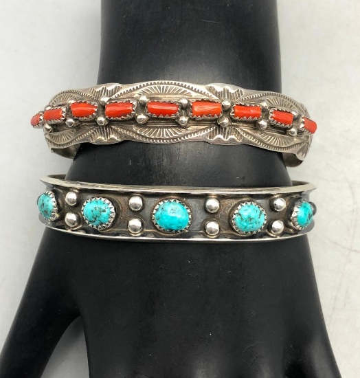 Two Sterling Silver Bracelets- 1 Coral and 1 Turquoise