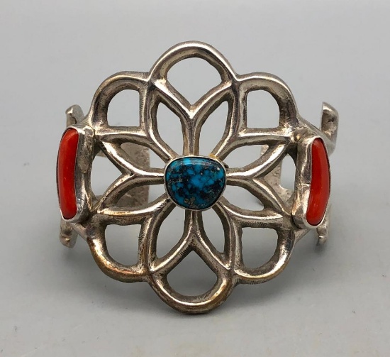 Branch Coral and High Grade Turquoise Sandcast Bracelet