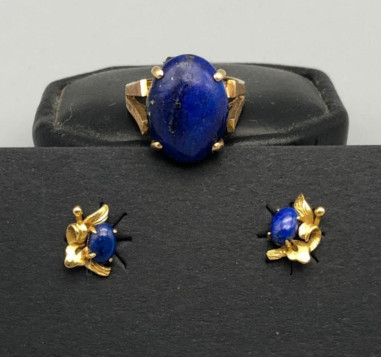 14k Gold and Lapis Ring and Earrings