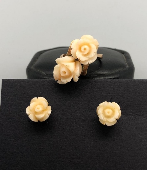 Charming 18k Carved White Coral Roses Ring and Earrings