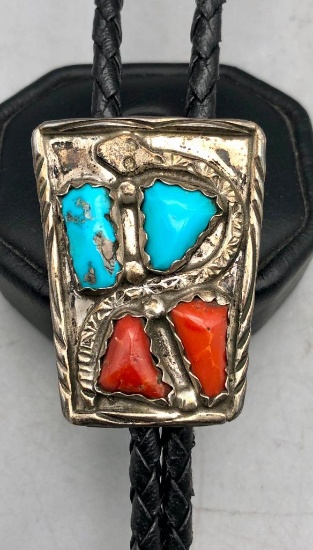 Vintage Zuni Turquoise and Coral Snake Theme Bolo Tie