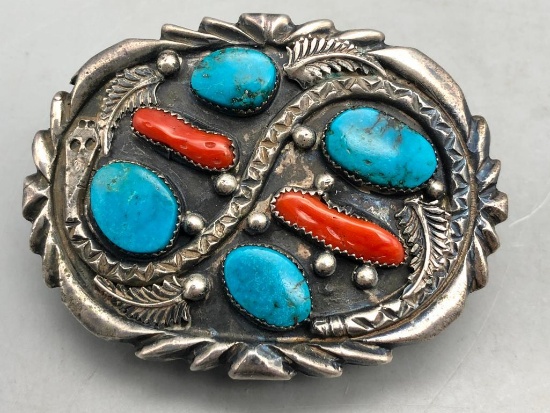 Vintage Snake Themed Turquoise and Coral Belt Buckle