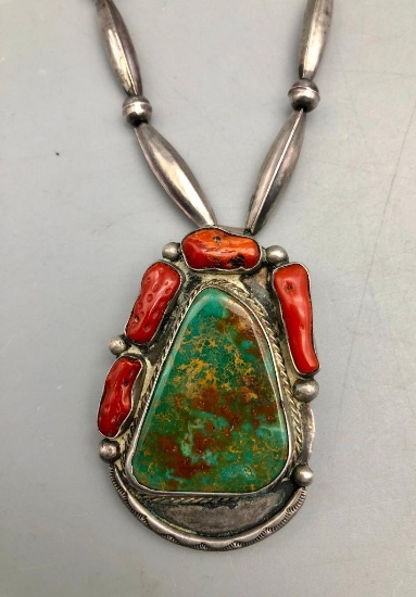 Vintage Turquoise Coral and Sterling Silver Necklace