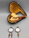 Two Victorian Era Pocket Watches and a Pipe