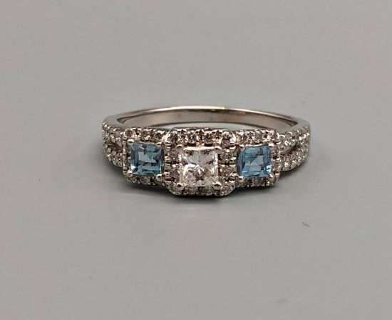 14k White Gold Diamond and Aquamarine Ring
