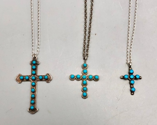Three Turquoise and Sterling Silver Cross Necklaces