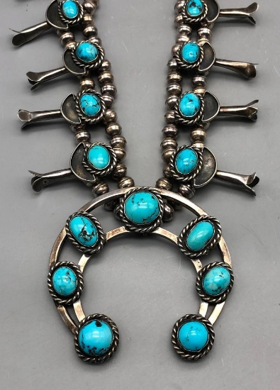 Beautiful Vintage Turquoise Squash Blossom Necklace