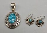 Kingman Spiderweb Turquoise Pendant and Earring Set