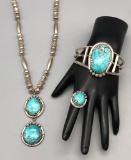 Turquoise and Sterling Silver Necklace Bracelet and Ring