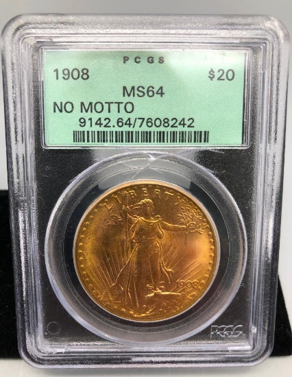 MS 64 "No Motto" $20 St. Gauden Gold Coin - 1908