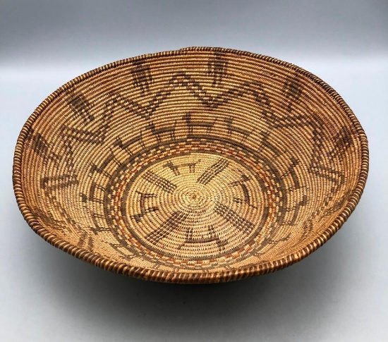 Old Native American (Apache) Polychrome Basket - Figural and Geometric Patterns