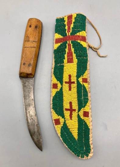 Antique Plains Beaded Knife Sheath with Old Trade/Skinning Knife