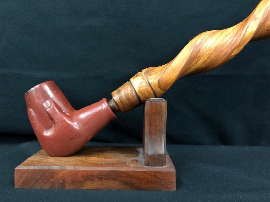 Unique Huron Pipe Bowl C. 1850s - with Modern Stem and Stand